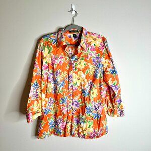 Lauren Ralph Lauren Orange Floral Button-Up Cotton Vacation Resortwear Top Sz 1X